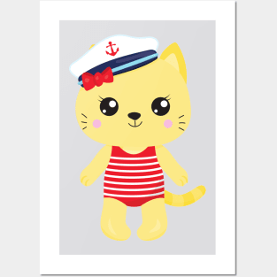 Sailor Cat, Sailor Hat, Boat Captain, Yellow Cat Posters and Art